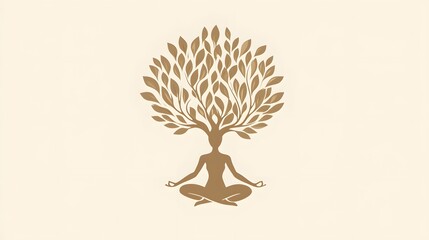  A logo design featuring an illustration of a yoga tree pose, with leaves and branches forming the shape of a person doing the warrior two position