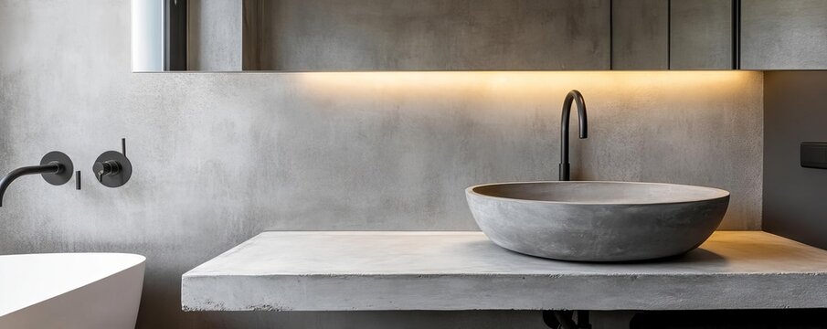 Bathroom with exposed plumbing and a concrete vanity, raw materials, industrial chic
