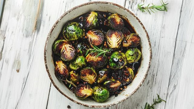 Roasted Brussels Sprouts in a Rustic White Bowl on Wooden Table