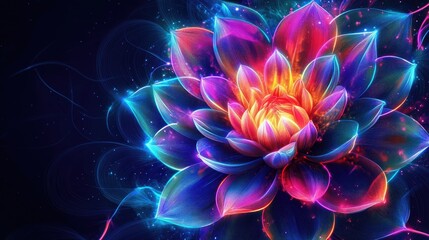 Abstract dahlia with neon geometric lines and bright colors, set against a mesmerizing vector background, creating a vibrant visual effect