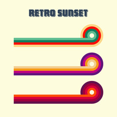 Horizontal vintage sunsets. Various colorful striped sunrise badges in 80s and 90s style. Sun and ocean view, summer vibes, surfing. Design element, print, logo or t-shirt. Vector illustration