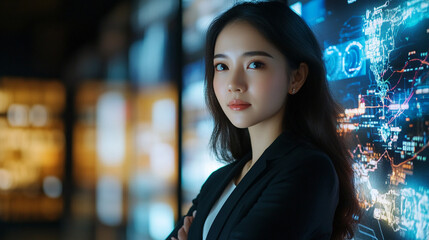 Naklejka premium Stylish Chinese beauty entrepreneur in a high-tech office with a digital screen