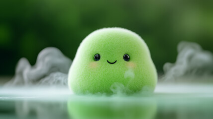 Tiny gas creature with a mischievous grin little puffs of greenish fog swirling around it cute floating blob with soft edges creating a playful yet smelly vibe 