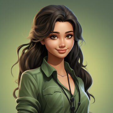Happy smiling pretty Indian cartoon character young adult woman female person portrait in 3d style on green background. Human people feelings expression concept