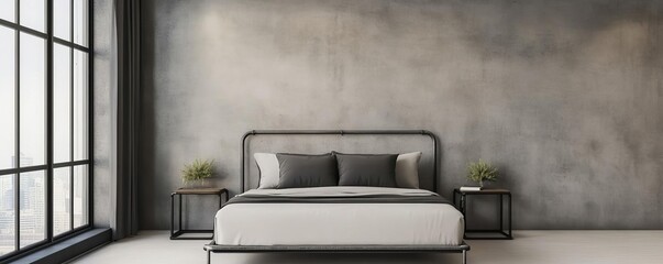 Bedroom with concrete walls and metal-framed furniture, raw design, urban comfort