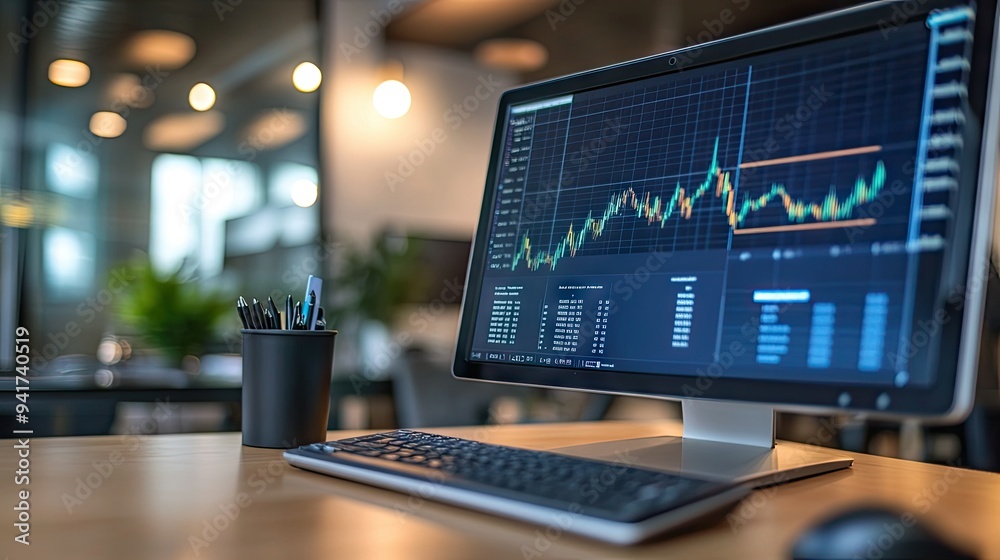 Poster a detailed financial graph with multiple indicators, displayed on a computer screen with a blurred o