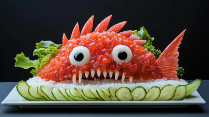 Unsettling creature stitched together from raw fish sushi slabs slimy rice bulging eyes from sashimi slices ghostly and decaying seaweed tendrils a haunted seafood platter 