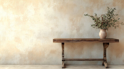 Rustic wood console table against beige stucco wall with copy space