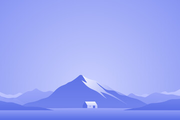 Minimalist landscape poster with lonely tree on island against mountain. Wild nature scene hand drawn painting. Lake and cliffs at twilight art wallpaper for prints and decoration. Vector illustration