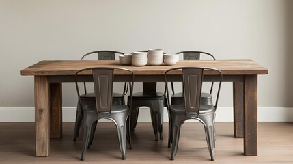 Dining area with a reclaimed wood table and metal chairs, vintage furniture, industrial style