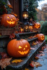 Obraz premium Halloween pumpkin decorations. Pumpkin for decorated house. Halloween Decorated at front yard of a American home. Halloween decorated front door with pumpkins.