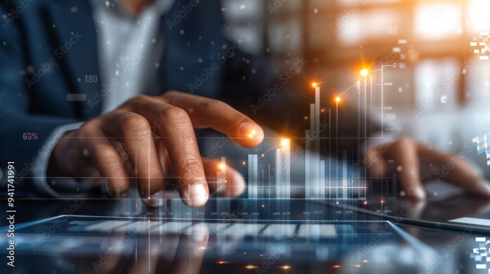 Poster A businessman is using a digital tablet to analyze financial data with a futuristic interface. This signifies business, finance, tech, data analysis, and investment in a cuttingedge way