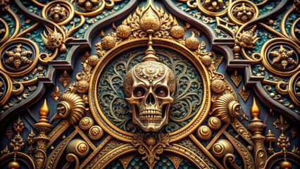 Gilded Shadow: Metallic accents, rich colors, intricate carvings representing the remnants of past grandeur amidst death.