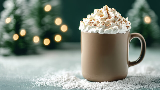 Warm gingerbread latte topped with whipped cream and sprinkled with nutmeg, served in a festive mug, set against a winter background with snow-dusted fir trees and twinkling lights 