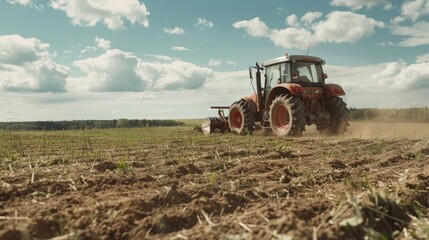 Obraz premium Agricultural equipment working in a sunny meadow