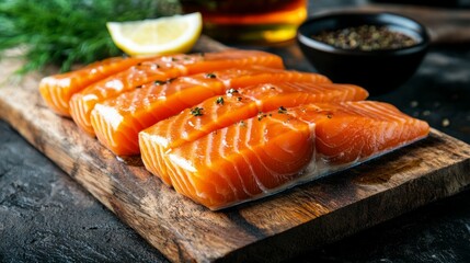 Freshly sliced salmon fillets garnished with herbs and lemon on a wooden board in a kitchen