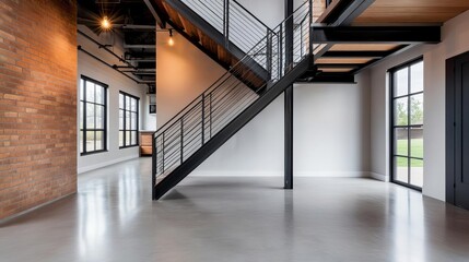 Obraz premium Industrial loft with an open floor plan and metal staircase, spacious living, urban design