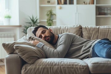 Cozy afternoon nap of a young man on a plush sofa in a bright and airy living room with indoor plants