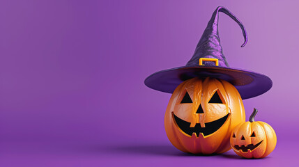 Scary and funny Jack O'Lantern on purple background. Carved pumpkin with a witch hat. Halloween celebration and autumn decoration concept. 