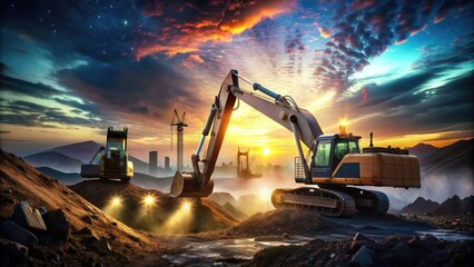 Gleaming Excavation Silhouette: Silhouetted construction equipment, abstract excavation site, geometric shapes, nighttime ambiance, dramatic lighting.