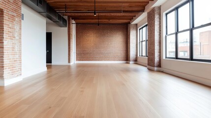 Obraz premium Industrial loft with open floor plan and exposed brick walls, spacious design, urban living