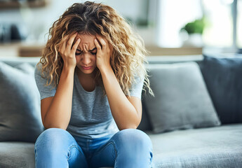 Obraz premium A young woman sitting on a couch, expressing feelings of stress and sadness, emphasizing emotional struggles in everyday life.