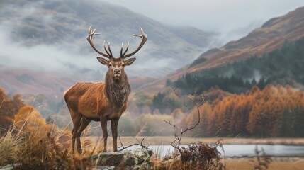 Majestic Red Deer in a Misty Mountain Landscape
