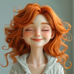 Obraz premium Portrait of happy smile laughing cartoon character young adult woman female person with ginger hair in 3d style design on light background. Human people feelings expression concept 