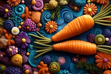 A vibrant, psychedelic interpretation of carrots, with swirling colors and exaggerated features