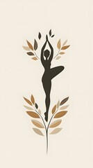  A logo design featuring an illustration of a yoga tree pose, with leaves and branches forming the shape of a person doing the warrior two position
