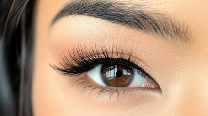 Obraz premium A detailed shot of a woman's eye, showcasing perfectly applied eyeliner and long, voluminous lashes, with a subtle hint of eyeshadow.