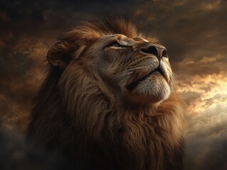 Fototapeta premium A close-up of a majestic lion gazing upward, showcasing its powerful mane against a dramatic, cloudy sky in warm light.