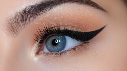 Obraz premium A detailed shot of a woman's eye, showcasing perfectly applied eyeliner and long, voluminous lashes, with a subtle hint of eyeshadow.
