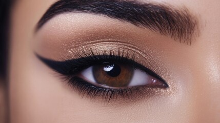 A detailed shot of a woman's eye, showcasing perfectly applied eyeliner and long, voluminous lashes, with a subtle hint of eyeshadow.