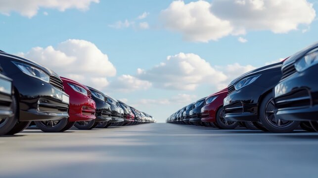 A car is parked in a row at an outdoor parking lot. Used cars for sale and rental service. Car insurance, Automobile parking area. Car dealership and dealer agent concept. Automotive industry.