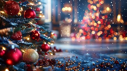 An elegant Christmas tree featuring deep red and gold baubles, glowing softly in a room filled with warm-toned lights. The setting is opulent and festive,