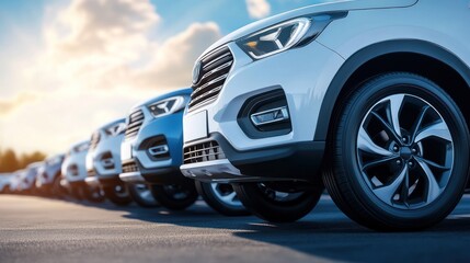 A car is parked in a row at an outdoor parking lot. Used cars for sale and rental service. Car insurance, Automobile parking area. Car dealership and dealer agent concept. Automotive industry.
