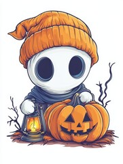 A cartoonish ghost holding a pumpkin and lantern