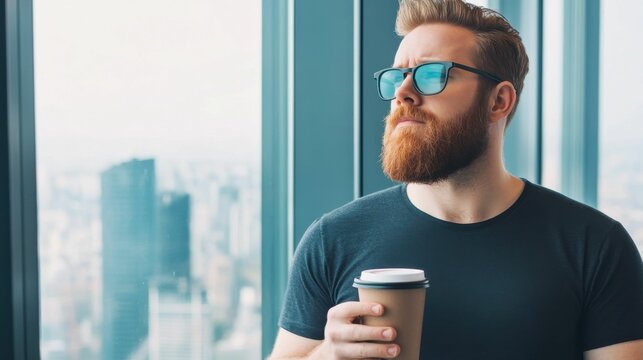 A bearded man wearing sunglasses and holding a coffee cup while gazing out a window in an urban office, exuding confidence and style..