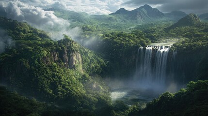 Fototapeta premium Majestic waterfall cascades through lush verdant mountains, mist rising from turbulent waters. Vibrant greens of dense rainforest create a breathtaking natural wonder.