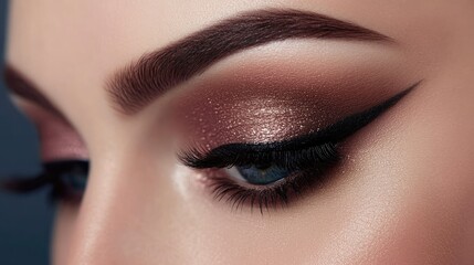Naklejka premium A detailed shot of a woman's eyes with dramatic smoky eye makeup, featuring perfectly blended eyeshadow, winged eyeliner, and voluminous lashes.