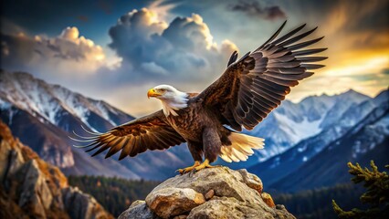 Fototapeta premium A majestic eagle's powerful taloned claws grasp a rocky outcrop, sharp feathers ruffled in the wind, conveying strength, freedom, and regal dominance in the wild.