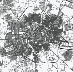 Fototapeta premium Map of Aleppo in Syria in grayscale. Contains layered vector with roads water, parks, etc.