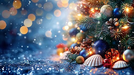 Obraz premium A beach-themed Christmas tree with seashell ornaments and blue baubles, softly glowing against a backdrop of blurred ocean-colored lights. The tree is set in a coastal home with light, airy decor,