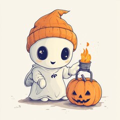 A cartoonish ghost holding a pumpkin and lantern