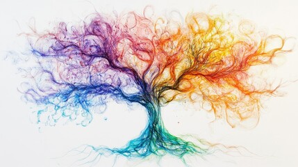 Fototapeta premium Intertwining lines forming a vibrant tree, embodying the growth and abundance of a fertile world, against a pristine white background.