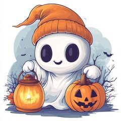 A cartoonish ghost holding a pumpkin and lantern