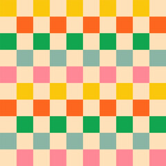 Checkerboard with squares in bold 1960s colours on beige white horizontal