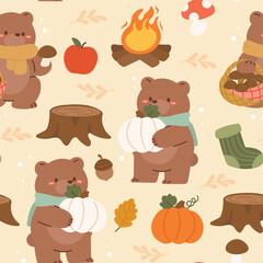 Happy Thanksgiving seamless pattern vector. Autumn season concept Background of grizzly bears, pumpkin, campfire, leaves, mushroom. Hand drawn fall festival illustration for packaging, fabric, tile.