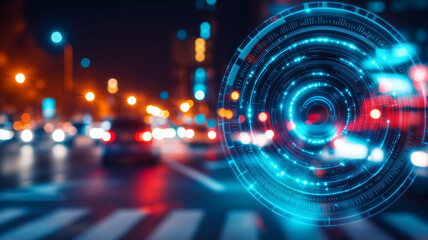 Futuristic Digital Interface Overlay on Blurred Urban Night Traffic Background